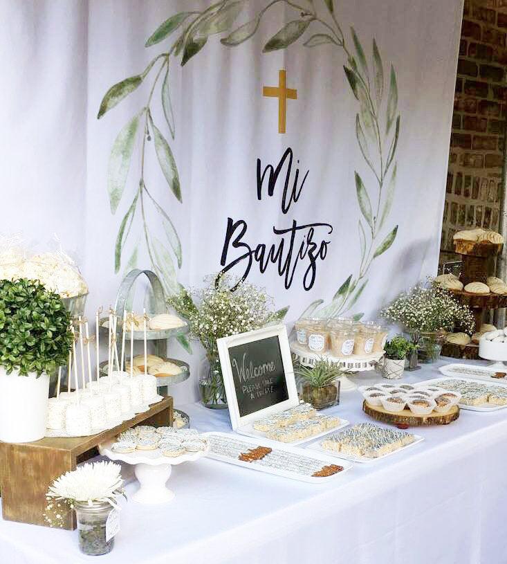 God Bless Baptism Backdrop | Personalized Baptism Celebration Banner - Blushing Drops