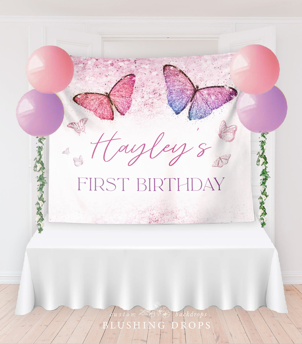 Butterfly Birthday Backdrop, Butterfly Banner, Girl First Birthday Backdrop,  1st Birthday Banner, Pink Butterfly Birthday Party Decorations