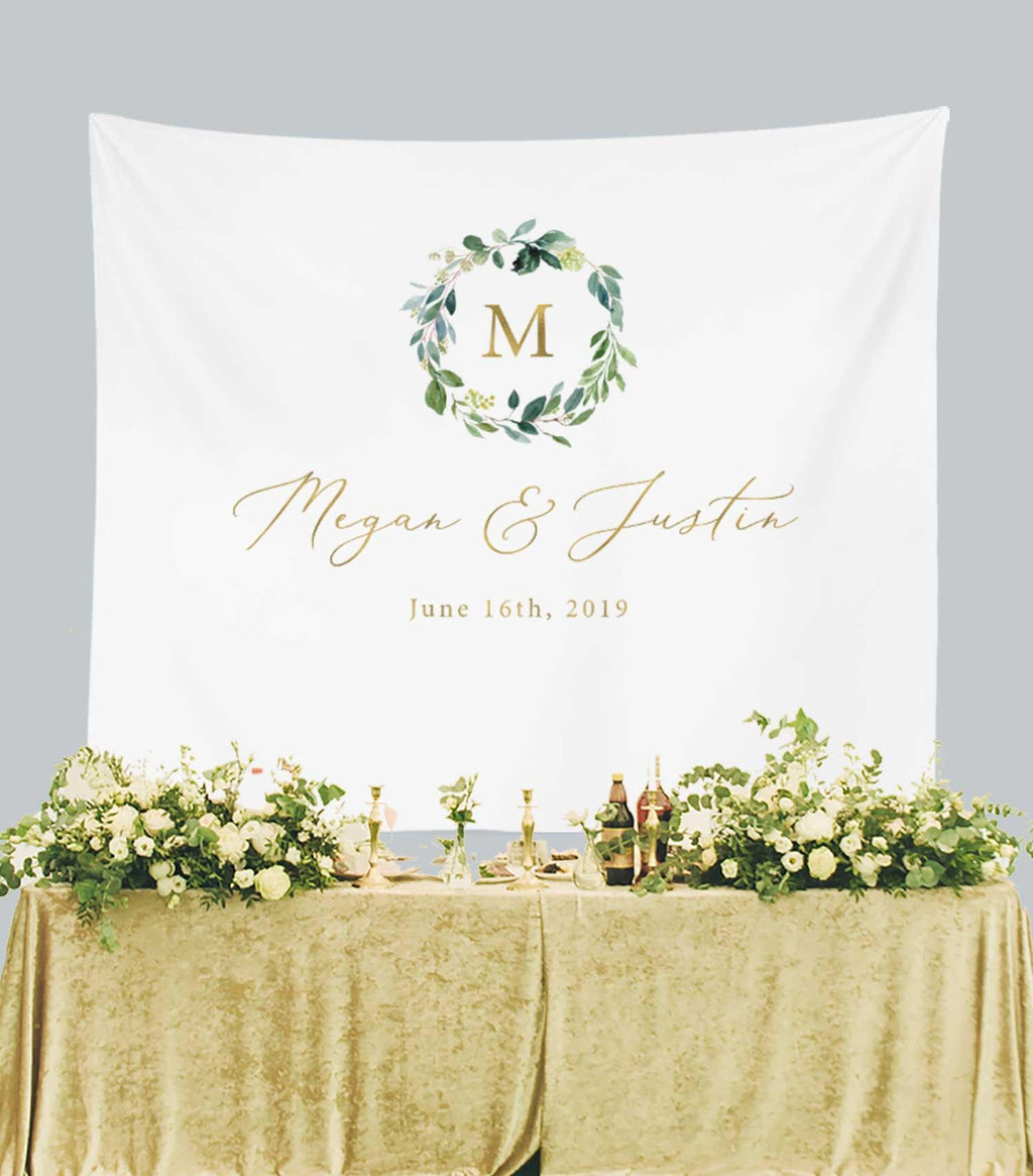 Custom Gold Monogram Wedding Backdrop For Reception - Blushing Drops